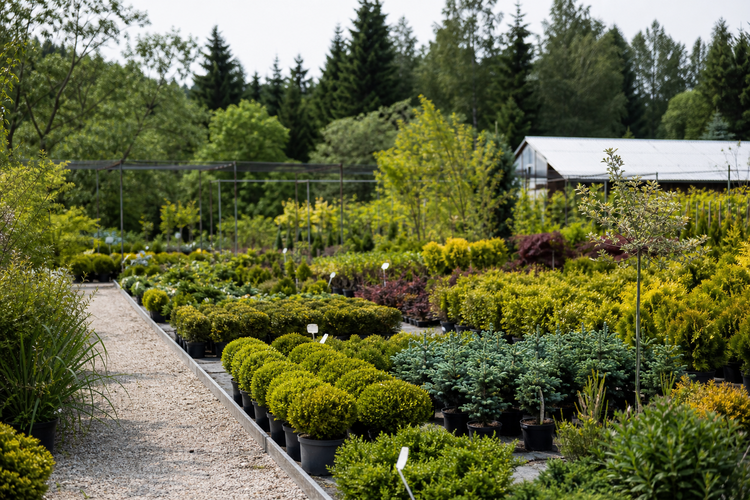 Young plants on greenhouse benches
